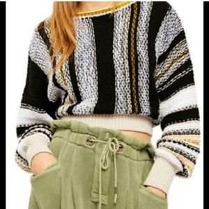 Free People Cropped Sweater Show Me Love Size XS 2 Black White Yellow Striped